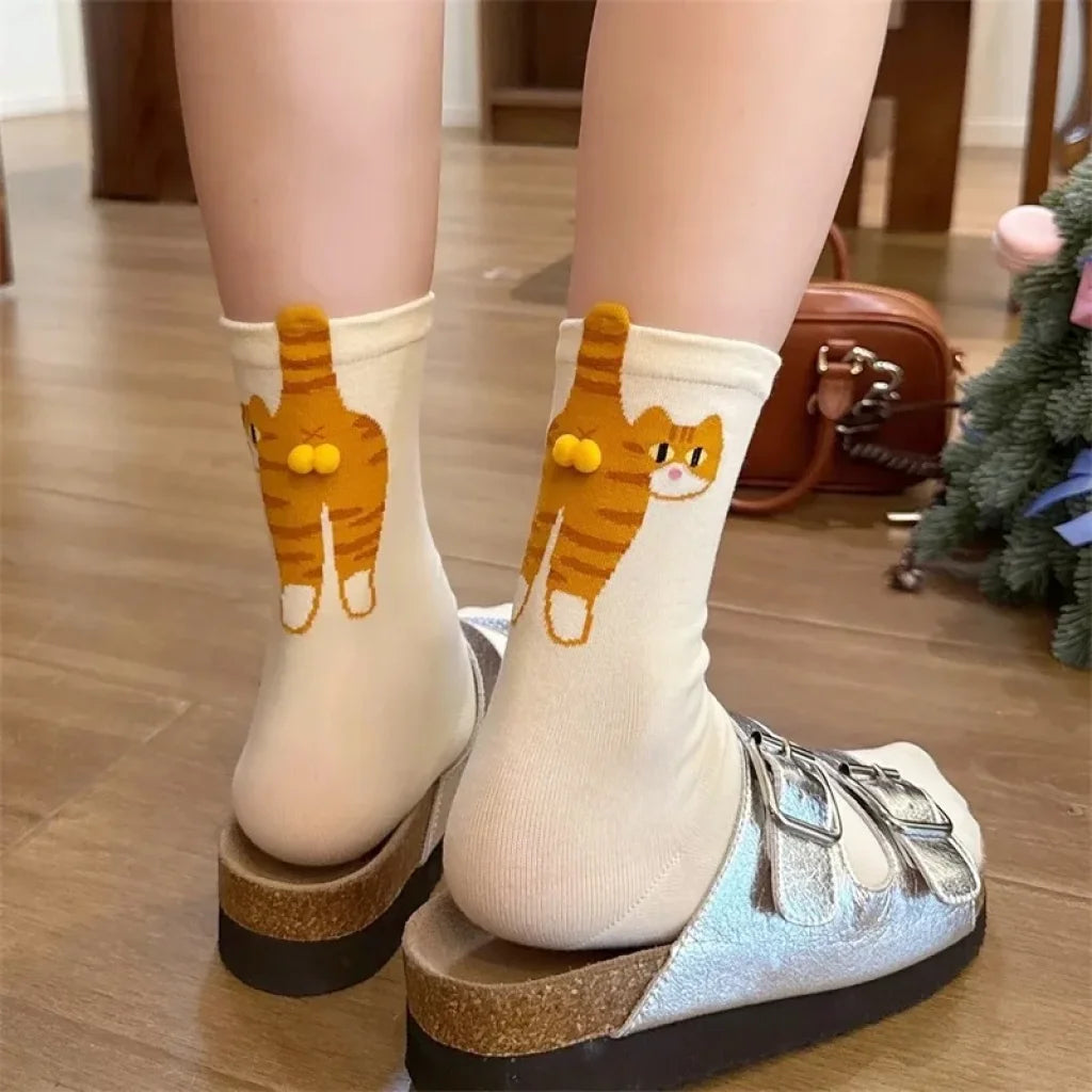 Funny Cat Black/White Mid-Tube Socks - WHITE / One Size / China Mainland