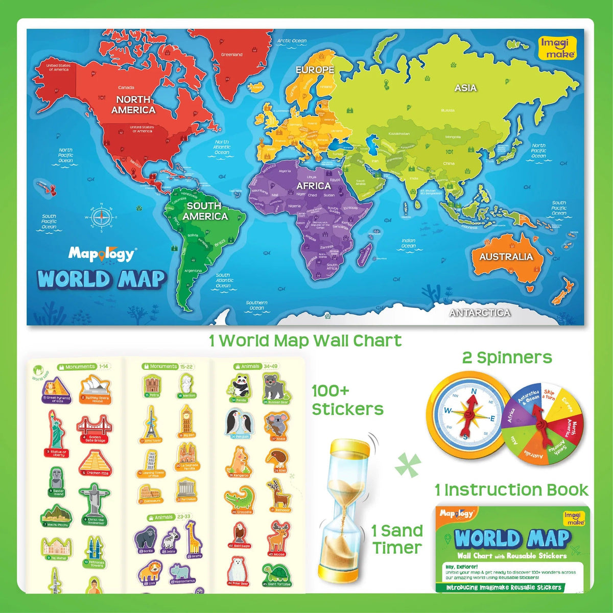World Map Learning Wall Chart | 100+ Reusable Stickers