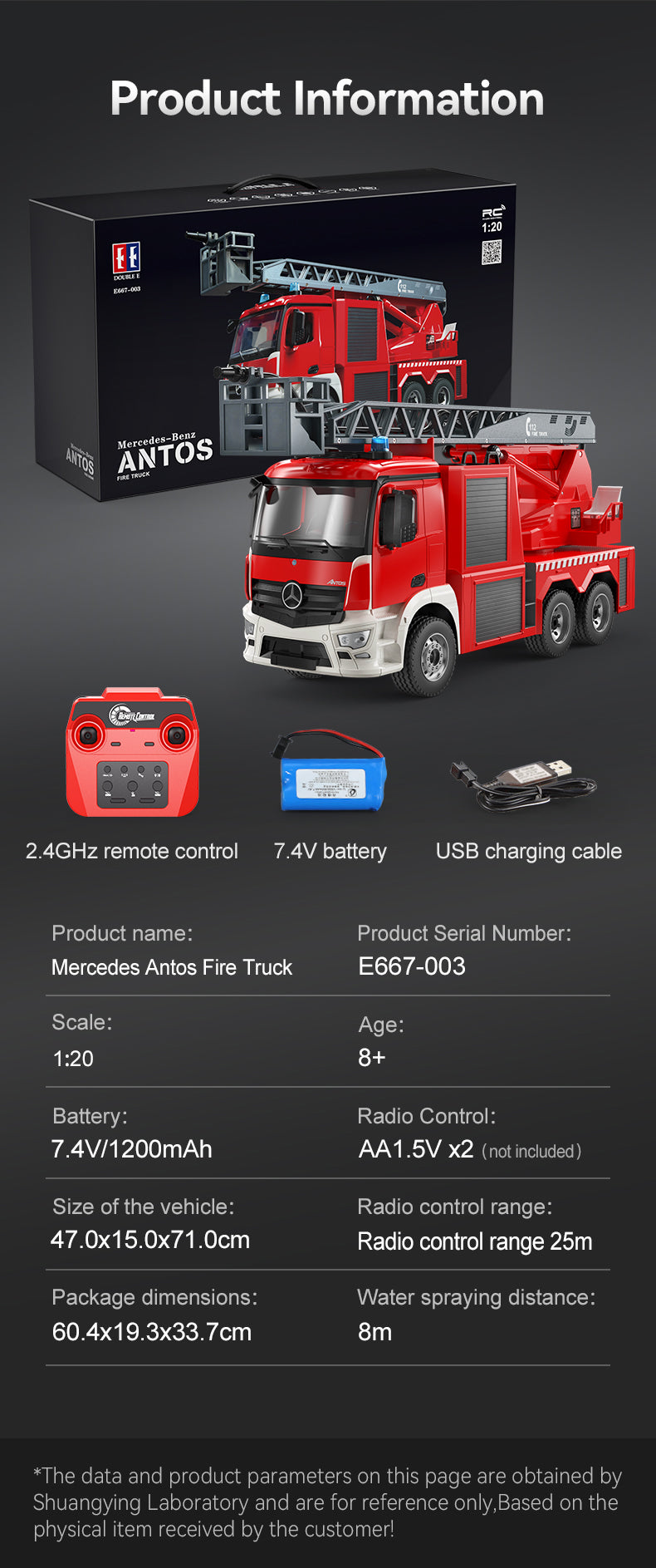 Double E Licensed Mercedes-Benz Rc Antos 1:20 Fire Truck E667