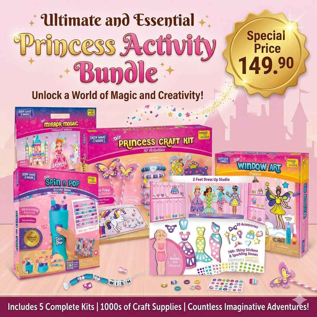 Ultimate Princess Craft Mega Bundle | 5-in-1 Gift Set for Girls | Dress Up, Bracelets, Window Art & Crafts
