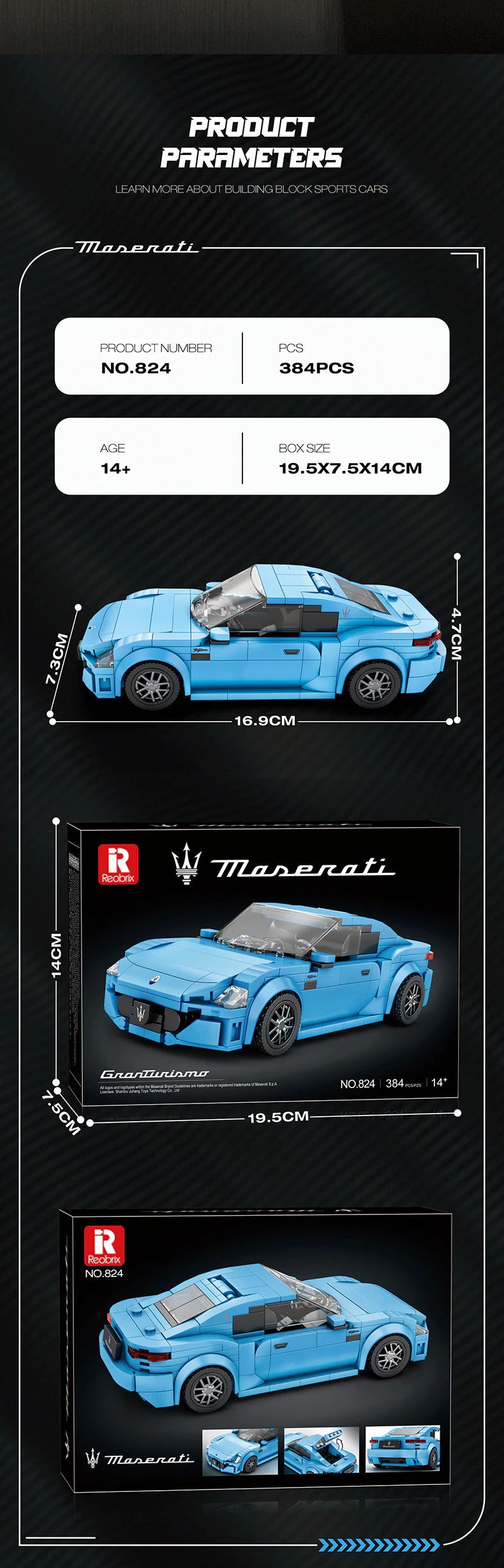 Reobrix GranTurismo Maserati Blue 1:24 824 - Reobrix