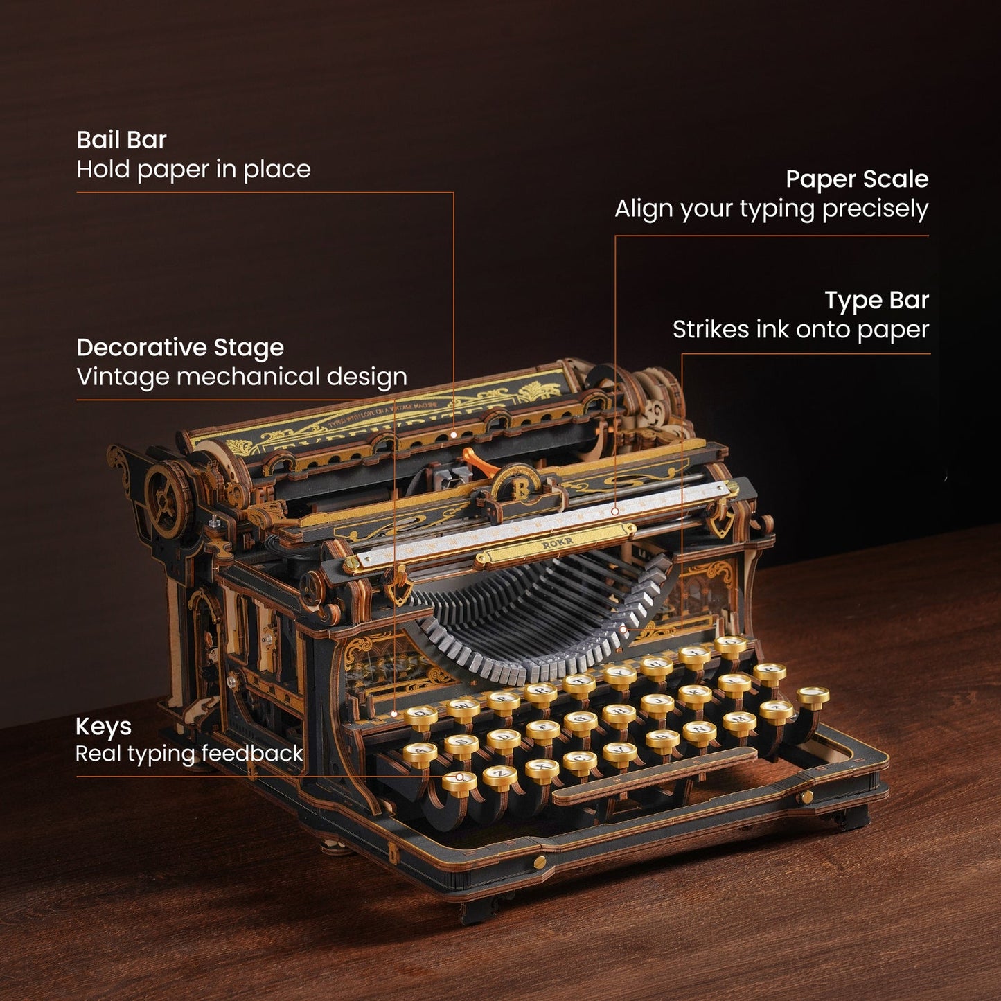 Robotime ROKR Mechanical Typewriter Wooden 3D Puzzle LK703B (Classic Version)