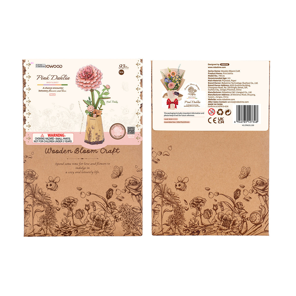Robotime Rowood Pink Dahlia DIY Wooden Flower 3D Puzzle
