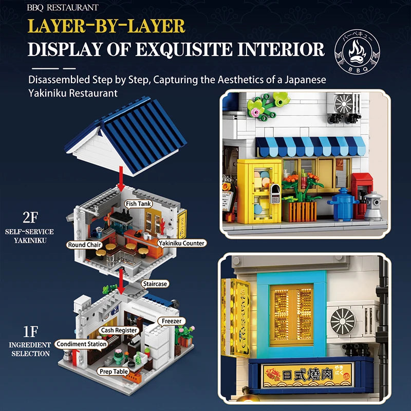 Reobrix 1389PCS BBQ Canteen Building Blocks Japanese Street Scene