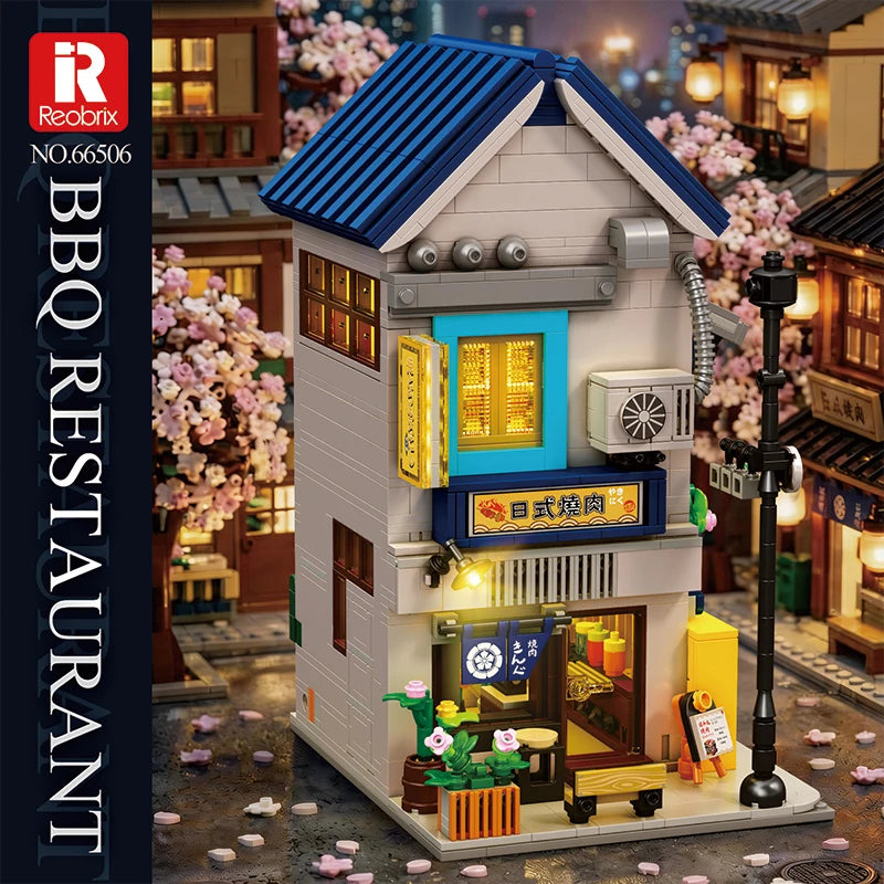 Reobrix 1389PCS BBQ Canteen Building Blocks Japanese Street Scene
