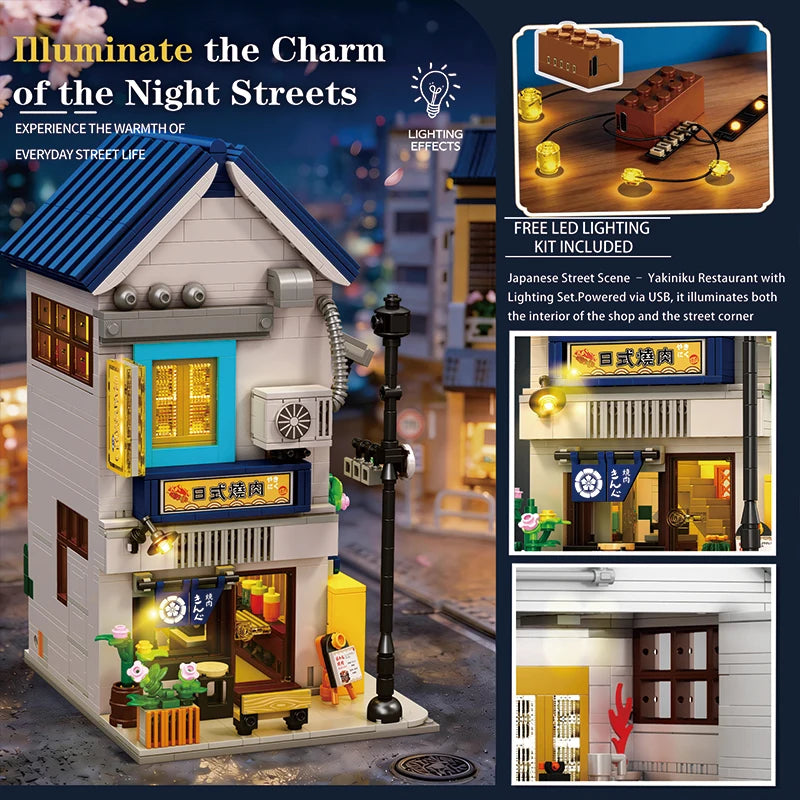 Reobrix 1389PCS BBQ Canteen Building Blocks Japanese Street Scene