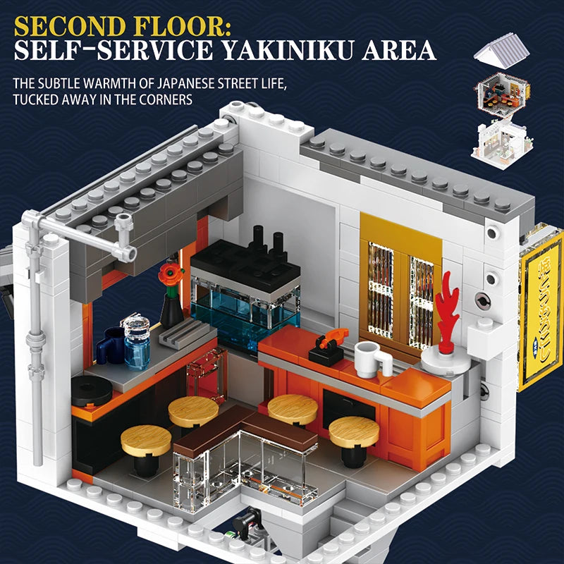 Reobrix 1389PCS BBQ Canteen Building Blocks Japanese Street Scene