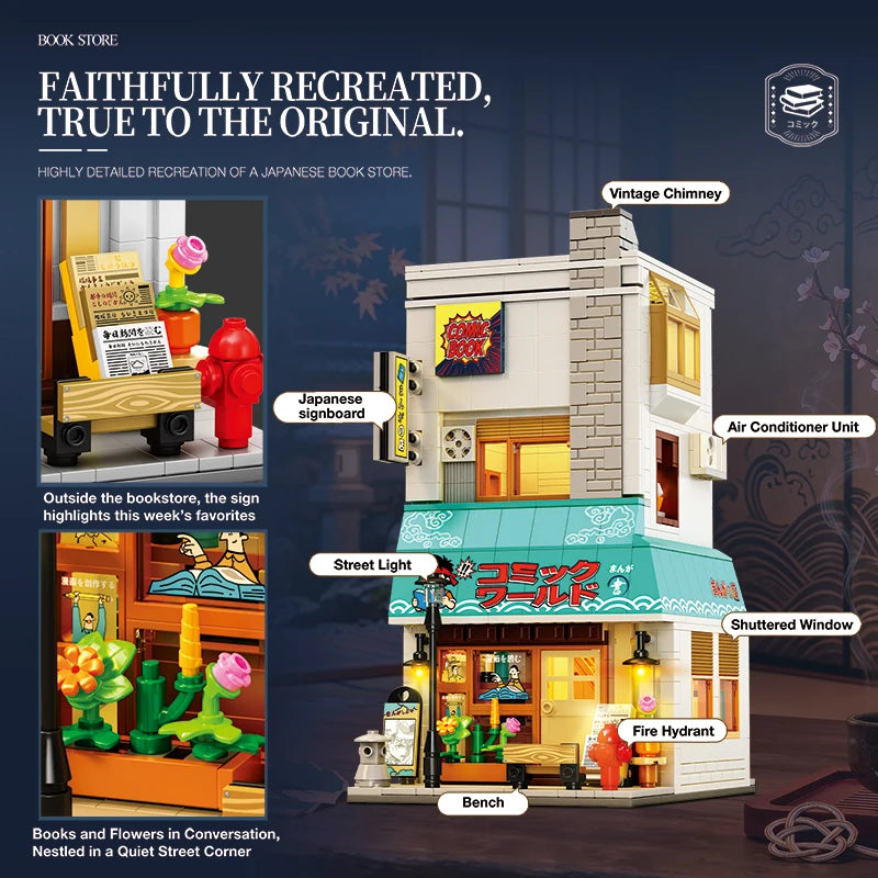 Reobrix Bookstore Japanese Street Scene Building Blocks 1272PCS