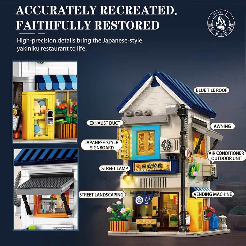 Reobrix 1389PCS BBQ Canteen Building Blocks Japanese Street Scene