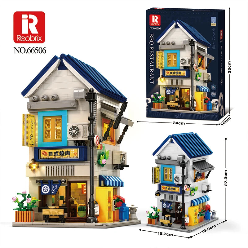 Reobrix 1389PCS BBQ Canteen Building Blocks Japanese Street Scene