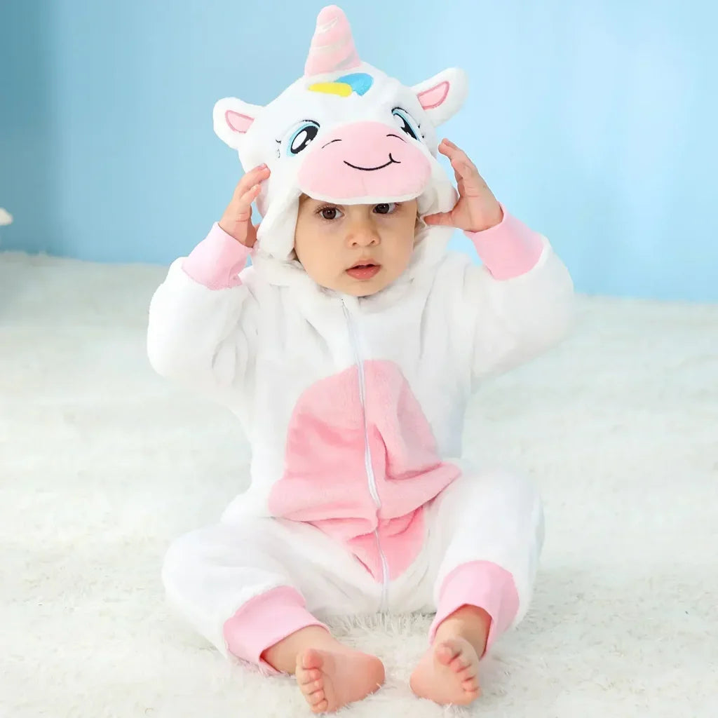 Baby Onesie Animal Costume Winter Flannel Jumpsuit V3 White Unicorn / 18-24 Months(100)