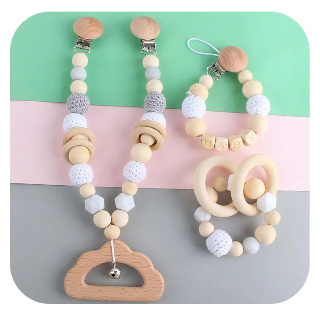 Baby Rattles Wood Crochet Beads Bracelet Pram Clip