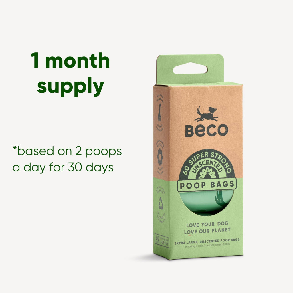 Beco Poop Bags Unscented – Big Strong Leak-Proof Made from 100% Recycled Plastic - 60pcs