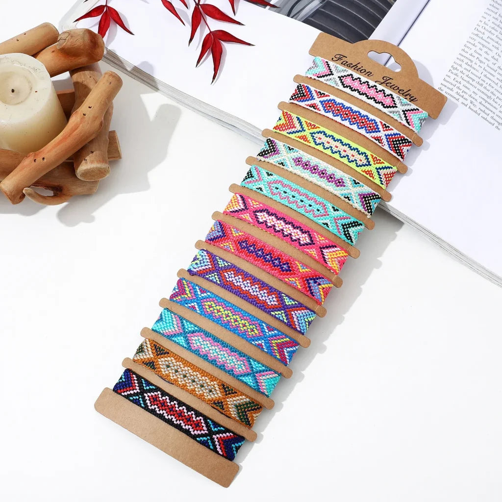 Boho 12Pcs/Set Multicolor Embroidery String Handwoven Friendship Bracelet