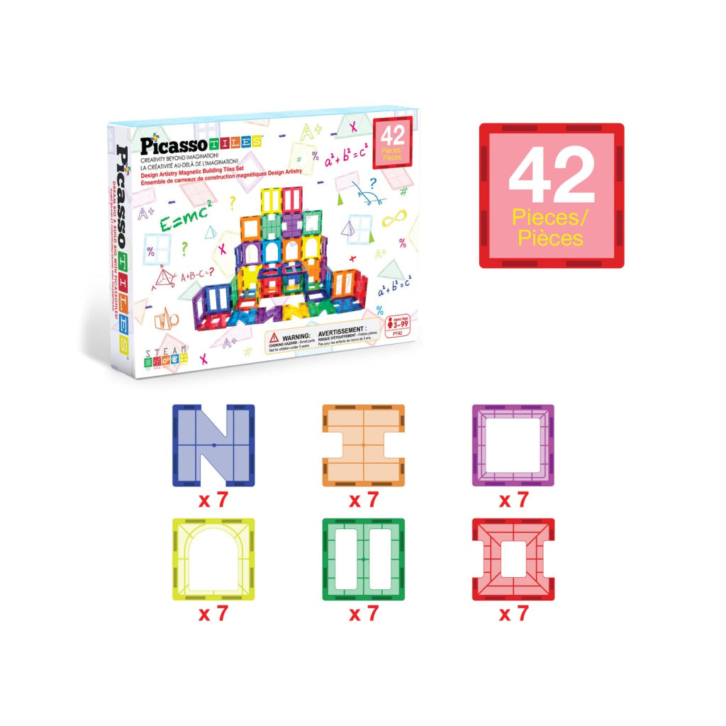 PicassoTiles Magnetic Tile Building Set with Unique Shapes - 42 Pieces - PICASSOTILES