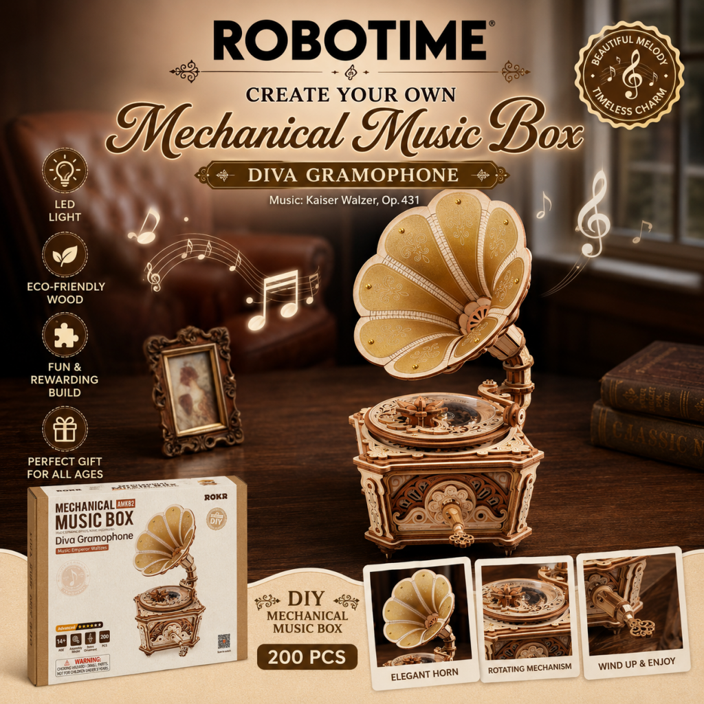 Robotime ROKR Diva Gramophone Music Box Wooden 3D Puzzle AMK82 - Dropship