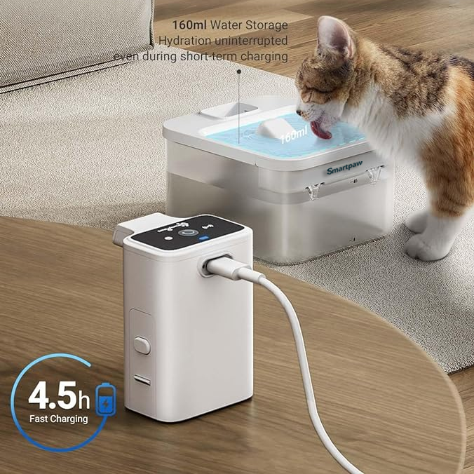 Smartpaw Wireless Pet Water Fountain Gen 2 - Rechargeable, Battery Operated, Stainless Steel, Motion Sensor, High Filtration for Cats & Dogs