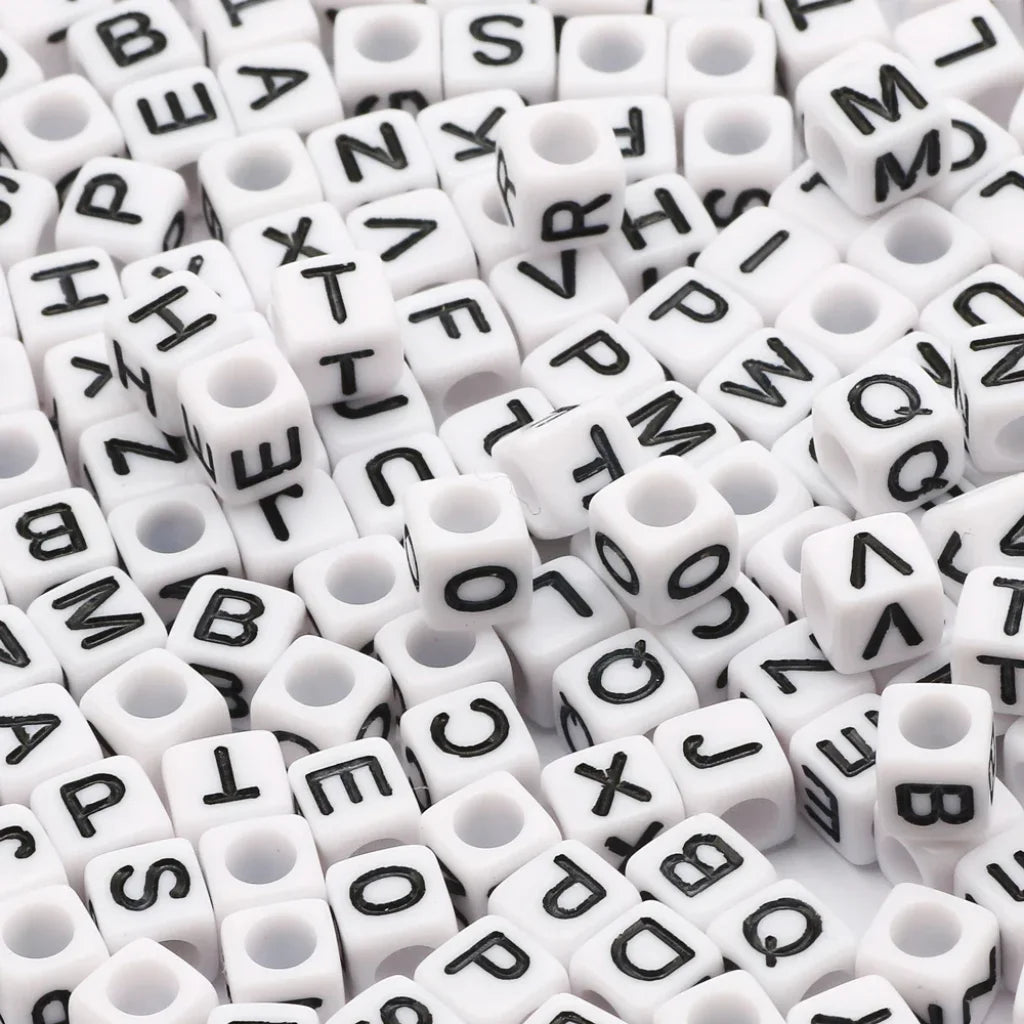 Square White And Black Mixed Letter Acrylic Beads