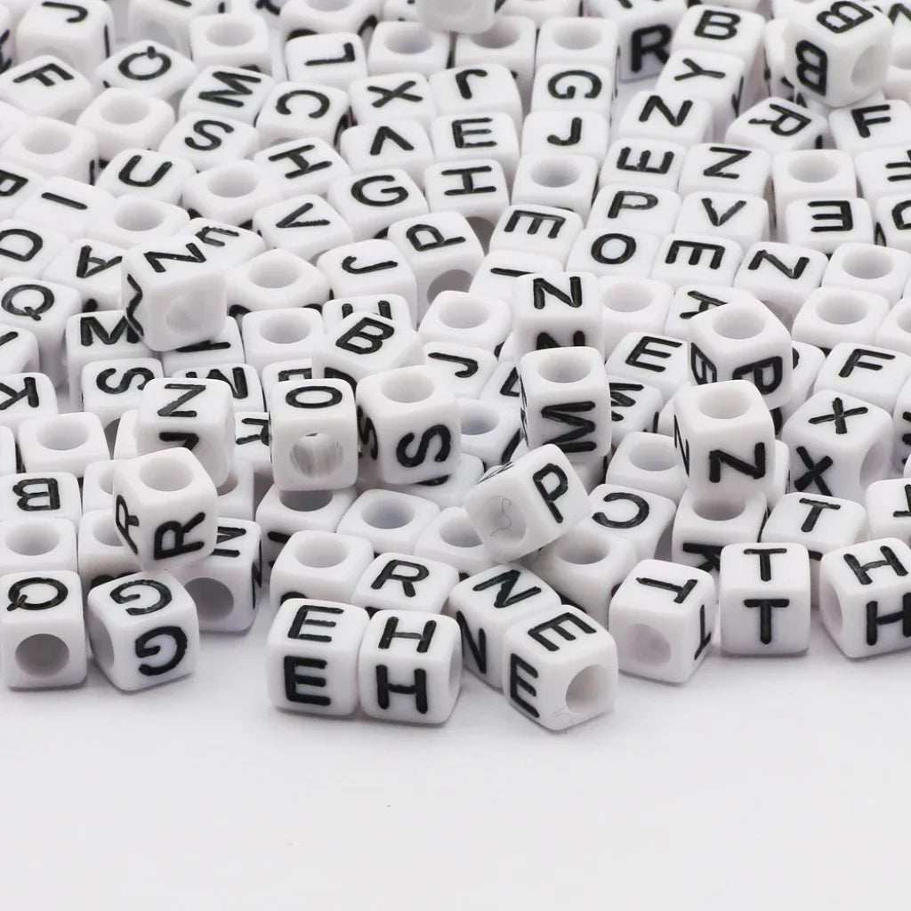 Square White And Black Mixed Letter Acrylic Beads