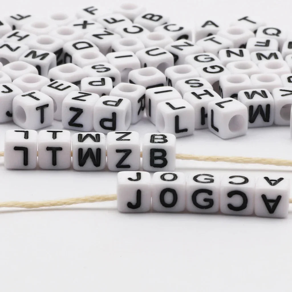 Square White And Black Mixed Letter Acrylic Beads