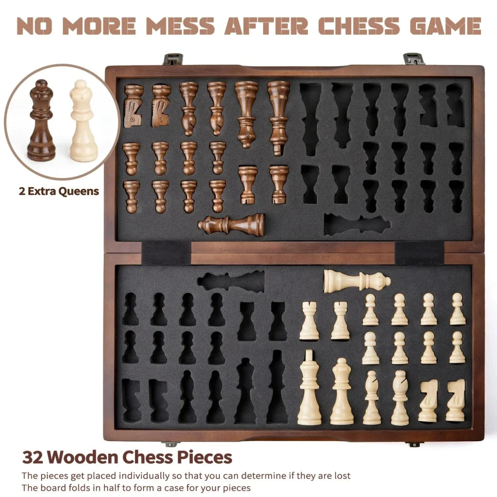 Wooden chess set 39.37cm/15.5inch with 2 additional queens - 1 set / intl